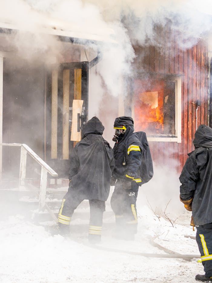 gallery-1 Firefighters extinguishing a blaze in a snowy residential area, showcasing winter rescue efforts.